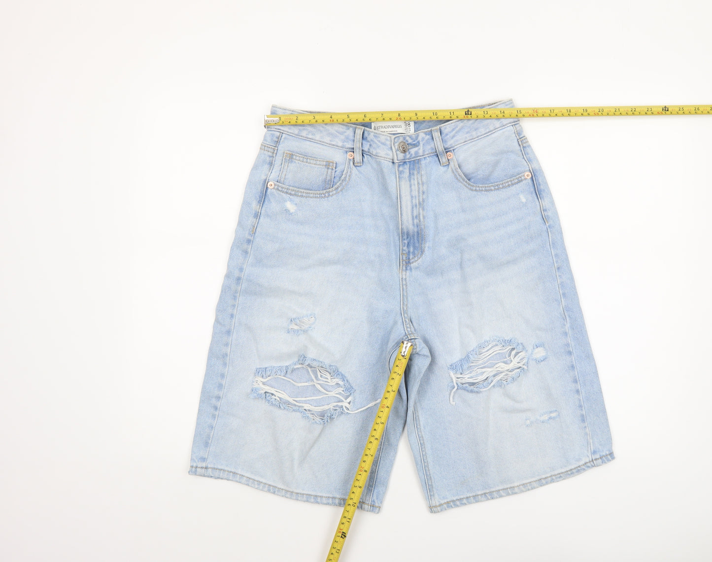 Stradivarius Women's Blue Distressed Denim Bermuda Shorts UK 10