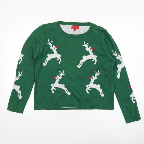 Next Women's Green Reindeer Christmas Jumper Size 12 Crew Neck Knit