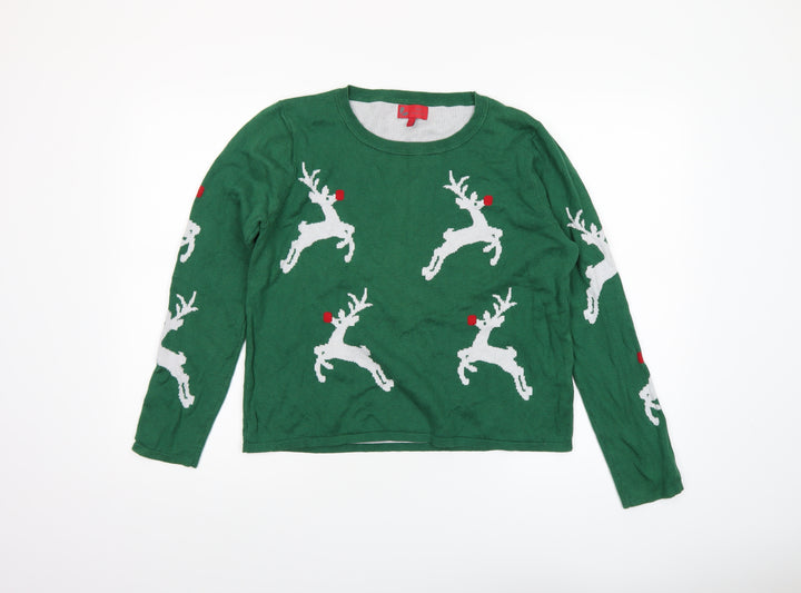 Next Women's Green Reindeer Christmas Jumper Size 12 Crew Neck Knit