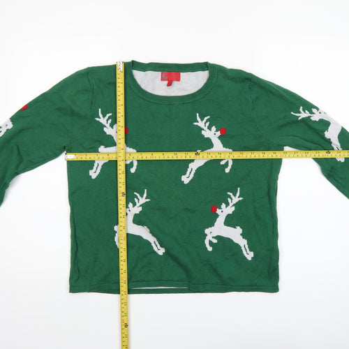 Next Women's Green Reindeer Christmas Jumper Size 12 Crew Neck Knit