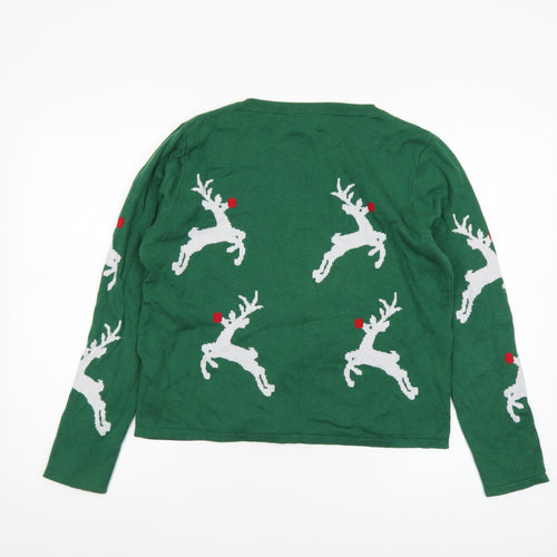 Next Women's Green Reindeer Christmas Jumper Size 12 Crew Neck Knit