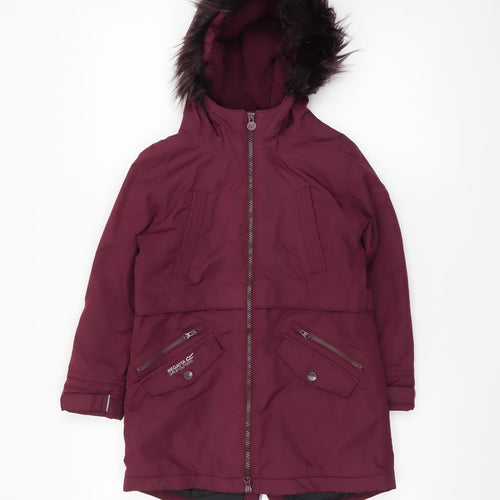 Regatta Girls Red Hooded Parka Coat 7-8 Years Polyester Lined Waterproof