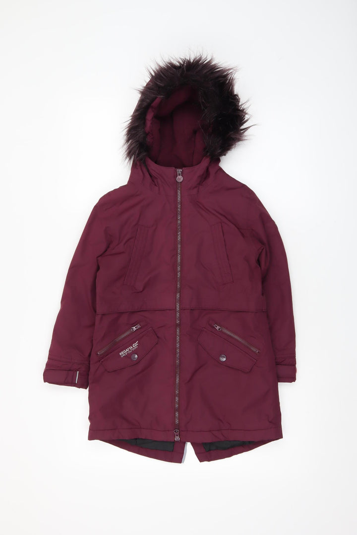 Regatta Girls Red Hooded Parka Coat 7-8 Years Polyester Lined Waterproof