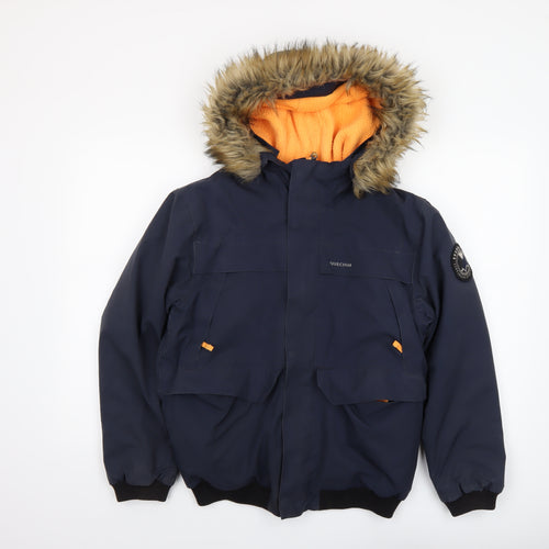 Quechua Boys Blue Waterproof Winter Parka Coat 10 Years Hooded Fur Trim