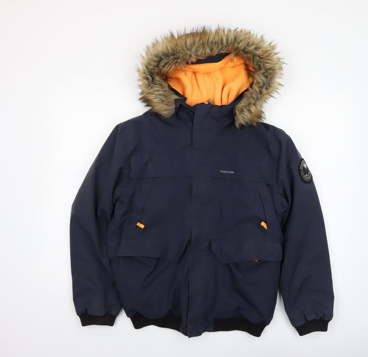Quechua Boys Blue Waterproof Winter Parka Coat 10 Years Hooded Fur Trim