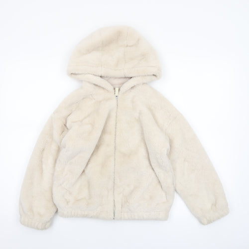 F&F Girls Beige Faux Fur Hooded Full Zip Jacket 10-11 Years