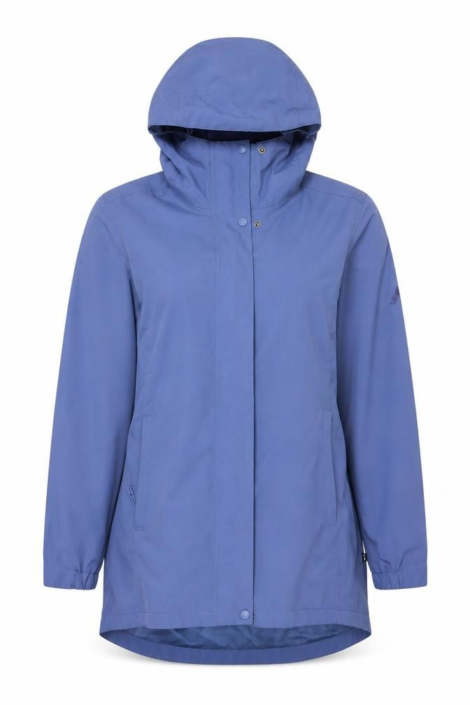 Front view of Portwest women’s blue waterproof hooded rain coat jacket, size UK 10
