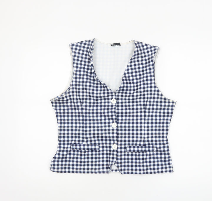 ASOS Women Blue Check Cropped Sleeveless Button Blouse L