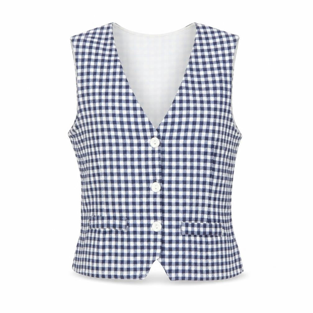 Front view of ASOS Women Blue Check Cropped Sleeveless Button Blouse L