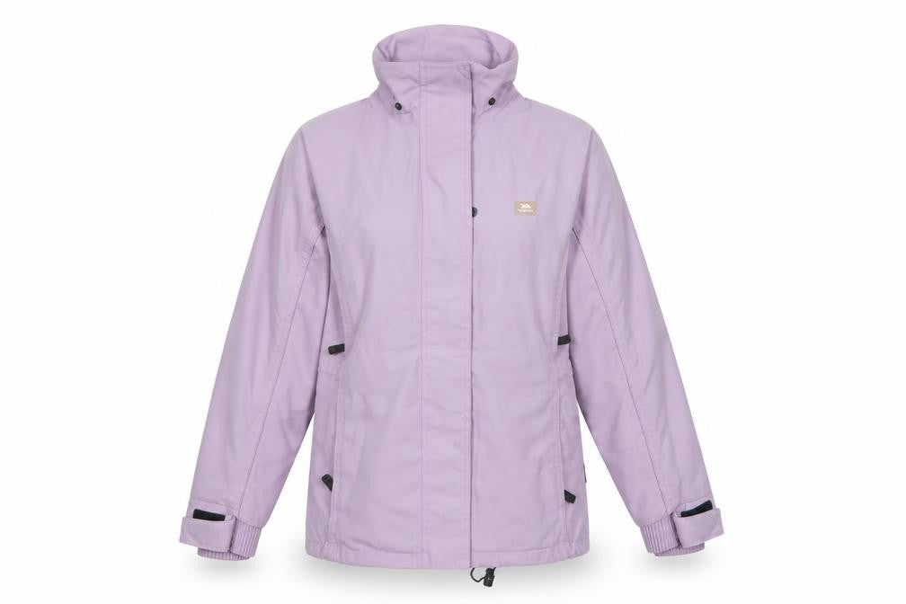 Front view of Trespass women’s purple waterproof jacket, size S, windproof outdoor coat