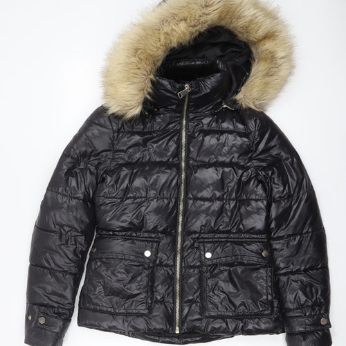 ZARA Womens Black Faux Fur Hooded Short Puffer Jacket Size 6