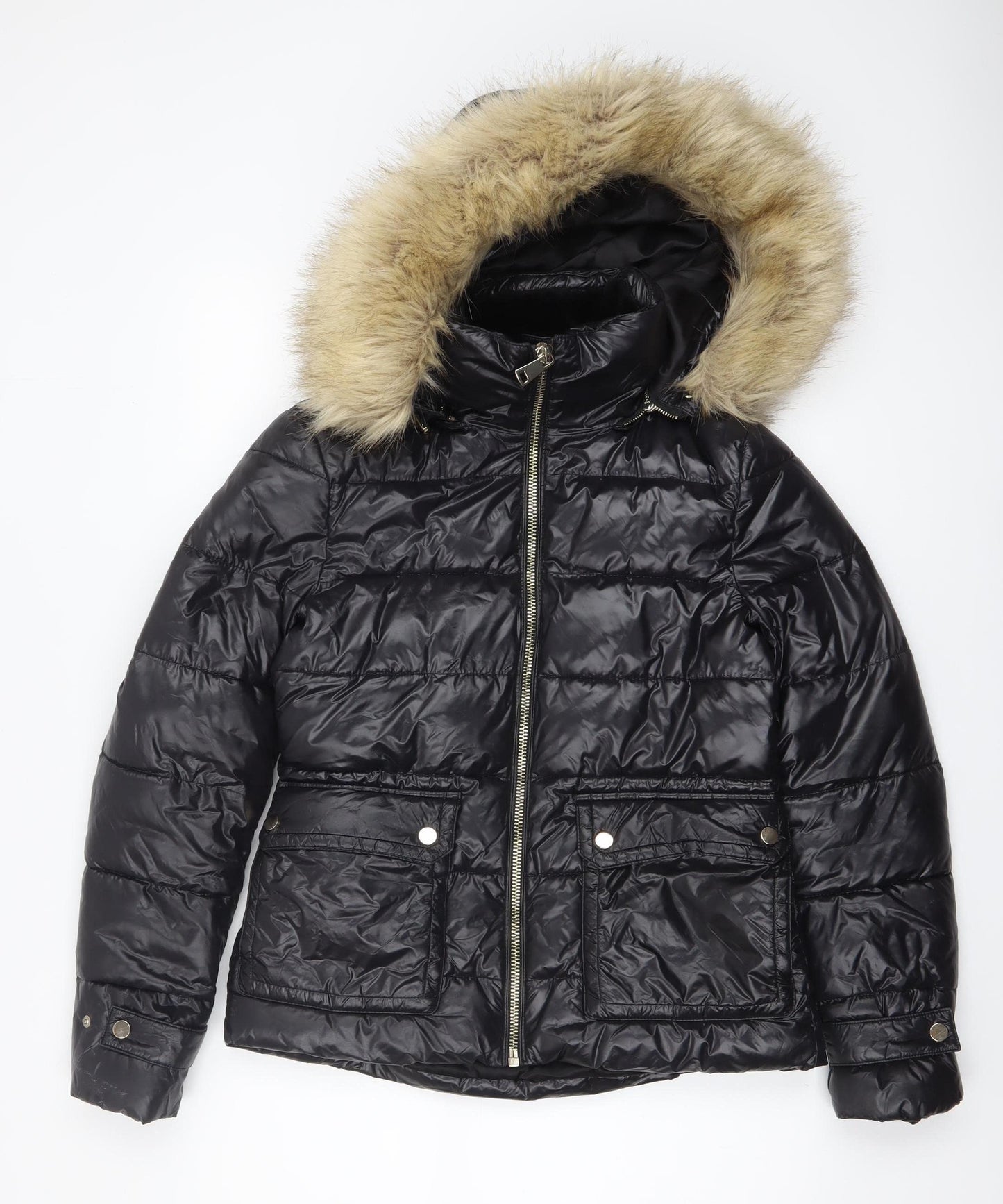 ZARA Womens Black Faux Fur Hooded Short Puffer Jacket Size 6