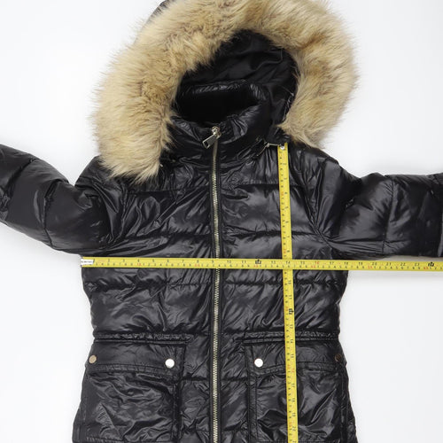 ZARA Womens Black Faux Fur Hooded Short Puffer Jacket Size 6
