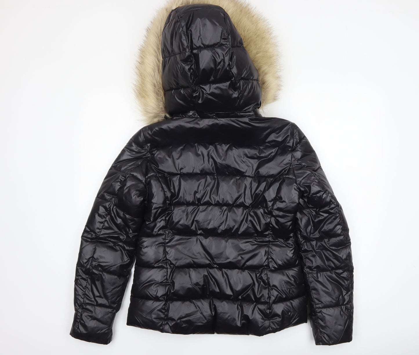 ZARA Womens Black Faux Fur Hooded Short Puffer Jacket Size 6