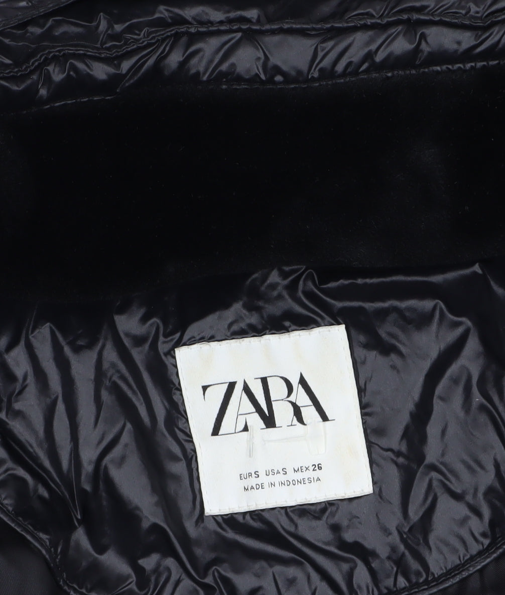 ZARA Womens Black Faux Fur Hooded Short Puffer Jacket Size 6