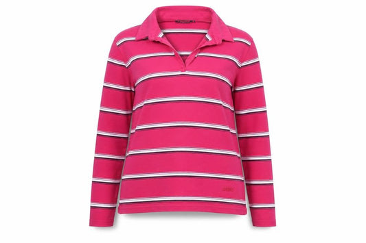 Front view of Musto Women's Pink Striped Long Sleeve Cotton Polo Shirt, size 14