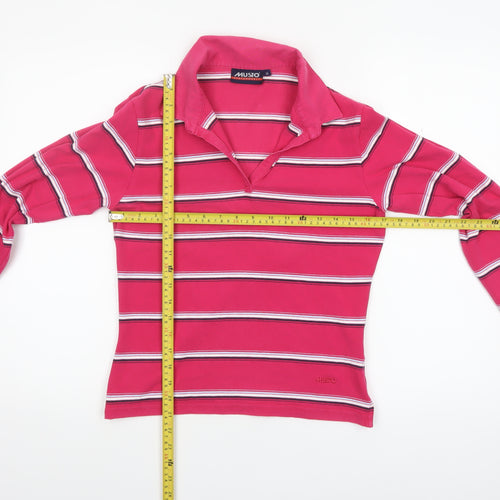 Musto Women's Pink Striped Long Sleeve Cotton Polo Shirt Size 14