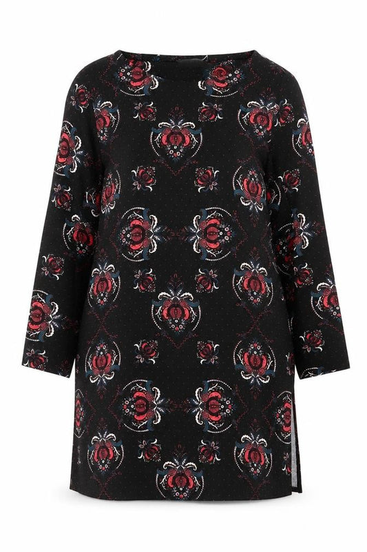 Front view of Principles Women's Black Floral Tunic Top, size 12, Viscose Stretch
