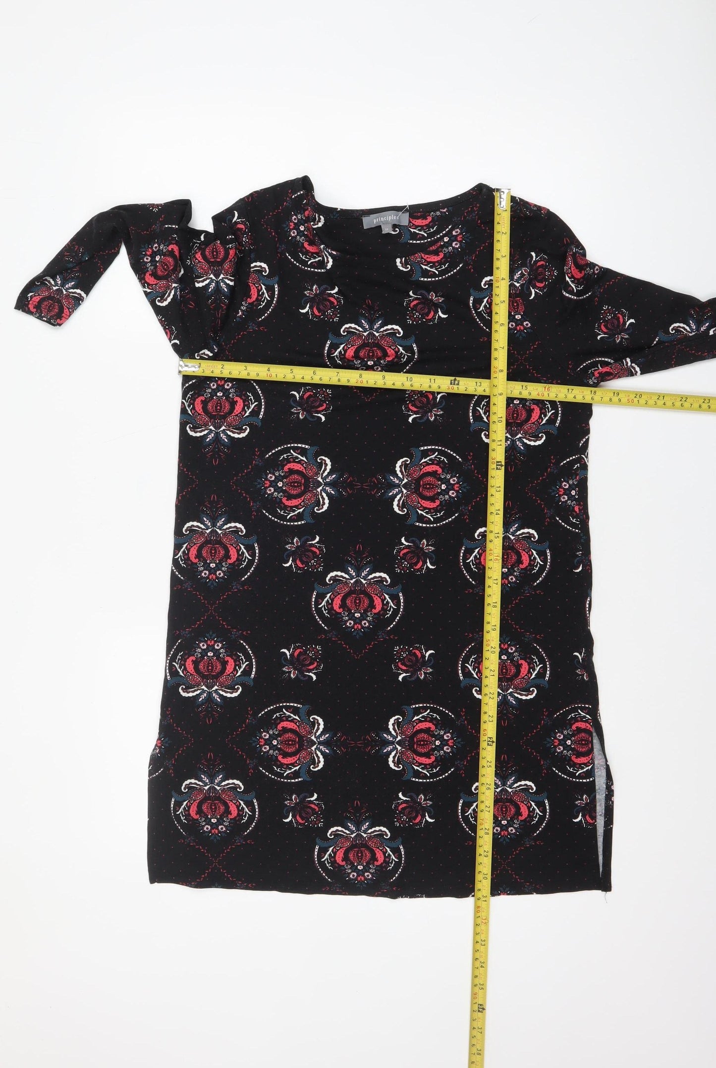 Principles Women's Black Floral Tunic Top Size 12 Viscose Stretch