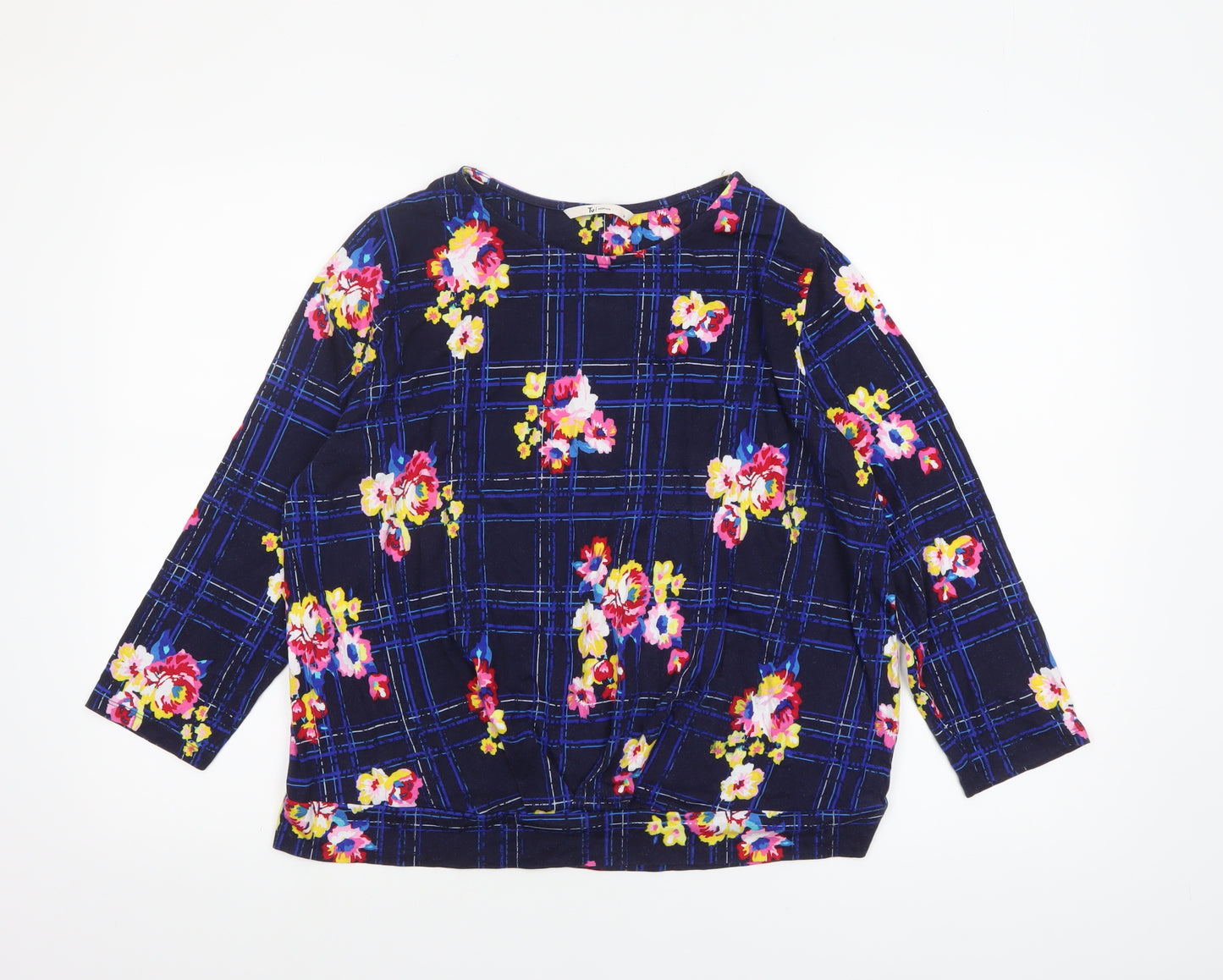 Tu Woman Navy Floral Check Jersey Top Size 18 Cotton Viscose