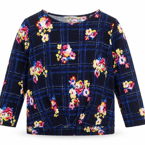 Tu Woman Navy Floral Check Jersey Top Size 18 Cotton Viscose