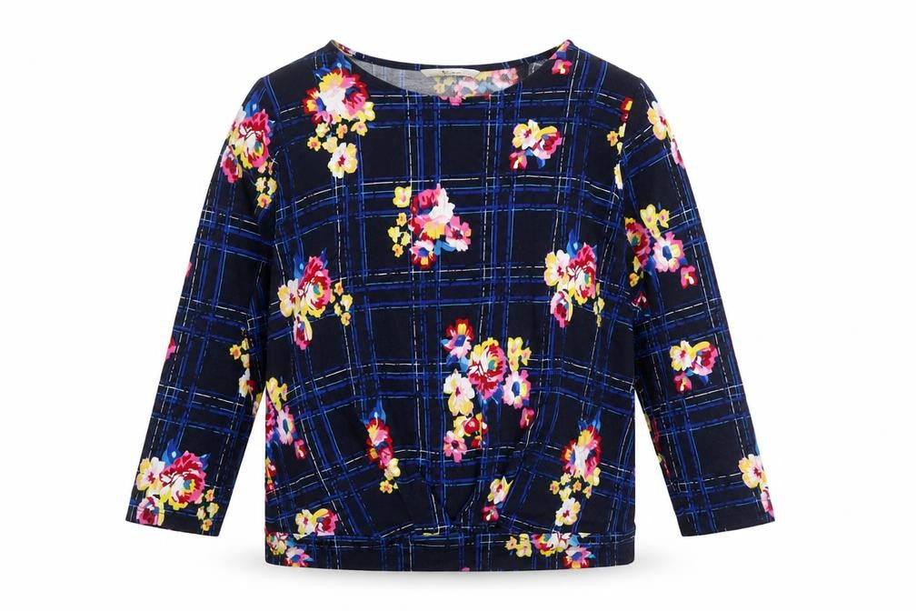 Tu Woman Navy Floral Check Jersey Top Size 18 Cotton Viscose
