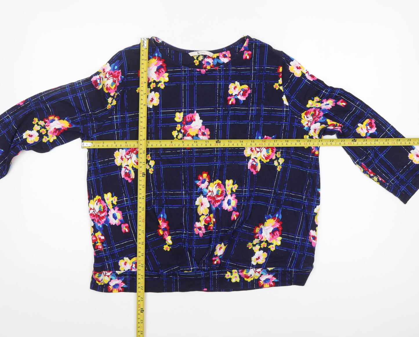 Tu Woman Navy Floral Check Jersey Top Size 18 Cotton Viscose