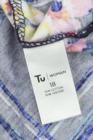 Tu Woman Navy Floral Check Jersey Top Size 18 Cotton Viscose