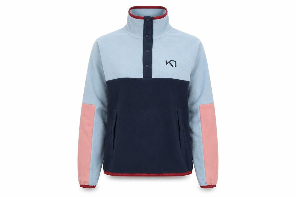 Front view of Kari Traa women’s xs blue pink fleece pullover sweatshirt