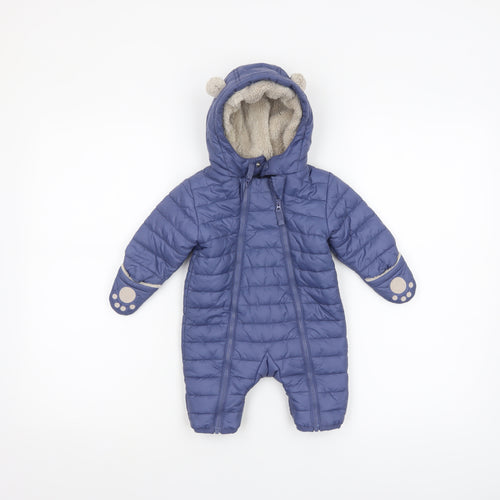 The Little White Company Unisex Blue Puffer Snowsuit 0-3 Months Hooded Winter