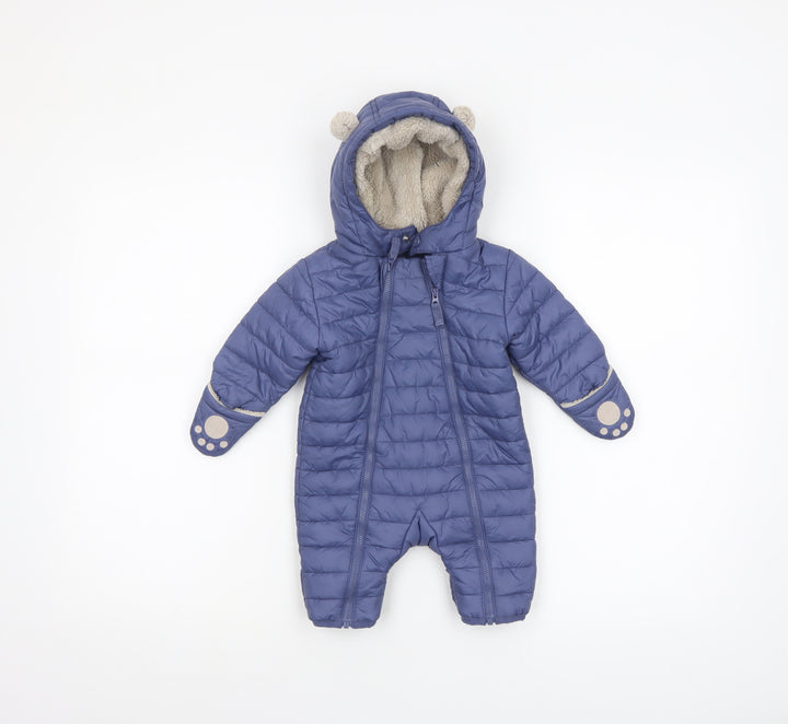 The Little White Company Unisex Blue Puffer Snowsuit 0-3 Months Hooded Winter