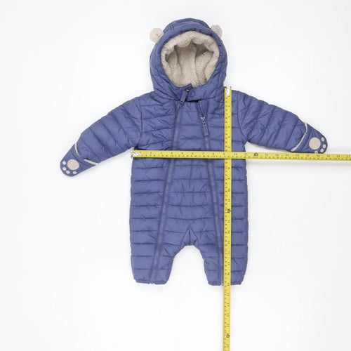 The Little White Company Unisex Blue Puffer Snowsuit 0-3 Months Hooded Winter