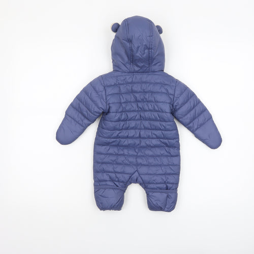 The Little White Company Unisex Blue Puffer Snowsuit 0-3 Months Hooded Winter