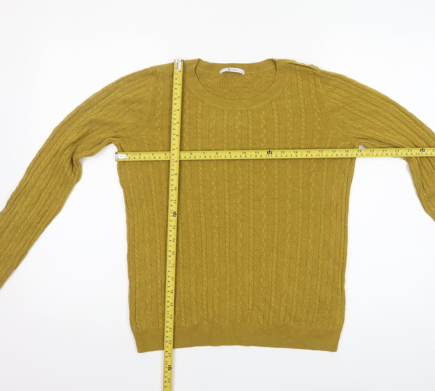 Tu Womens Yellow Cable Knit Crew Neck Jumper Size 12