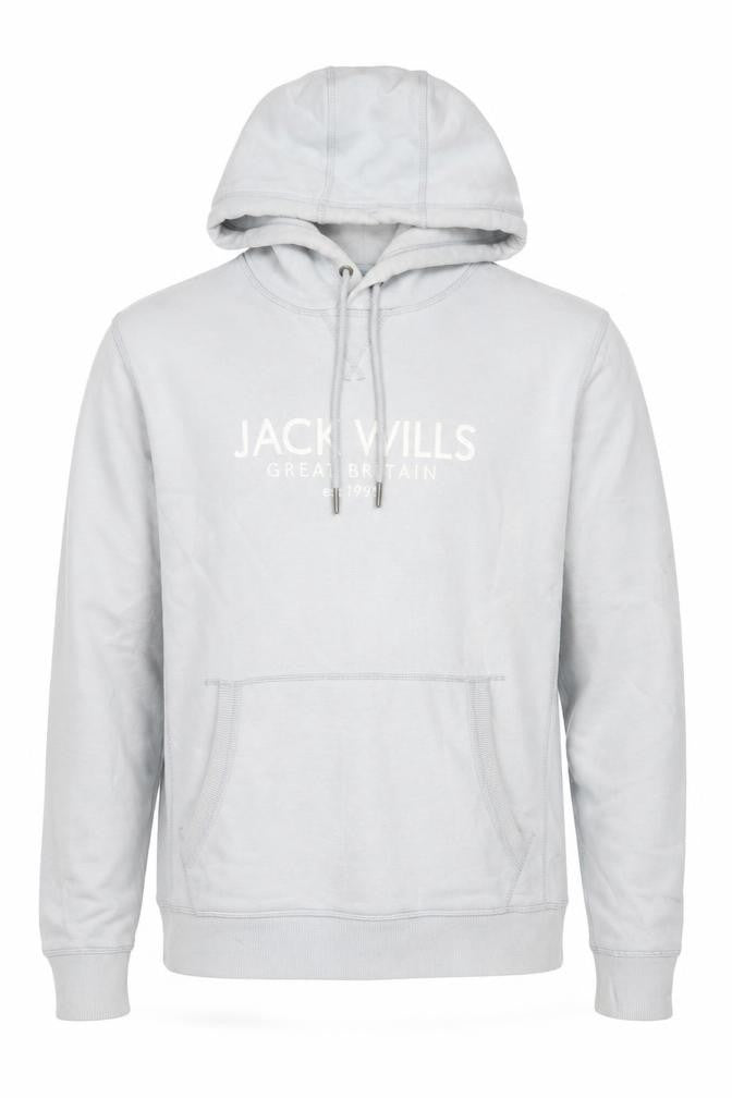 Front view of Jack Wills Men's Grey Pullover Hoodie L Embroidered Logo Cotton Blend