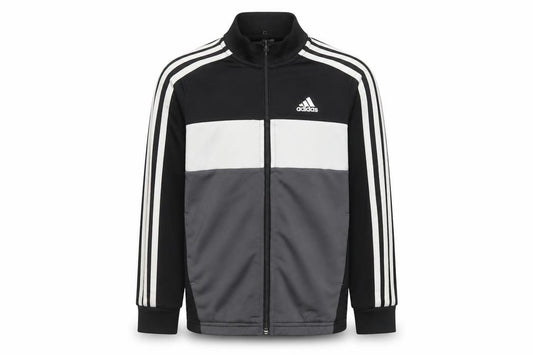 Front view of Adidas boys’ black track jacket 7-8 years full zip colourblock sportswear