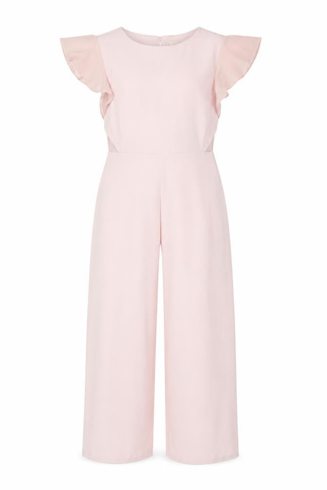Front view of Lipsy girls’ pink 12 years ruffle sleeve formal jumpsuit