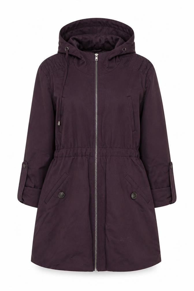 Front view of Savida Women's Purple Hooded Mid-Length Parka Coat, size 10