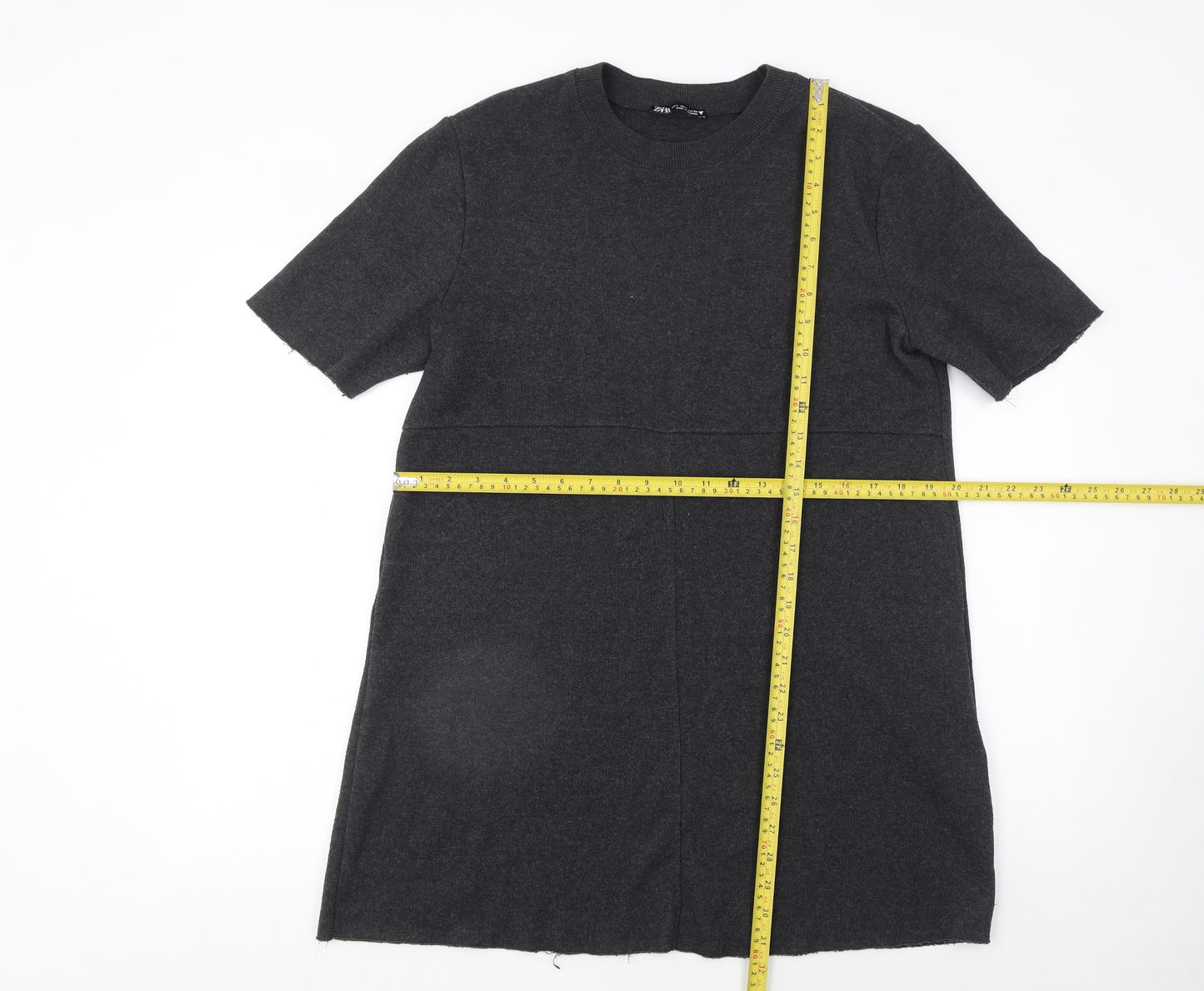 Zara Women Grey T-Shirt Dress L Short Sleeve Knit Casual