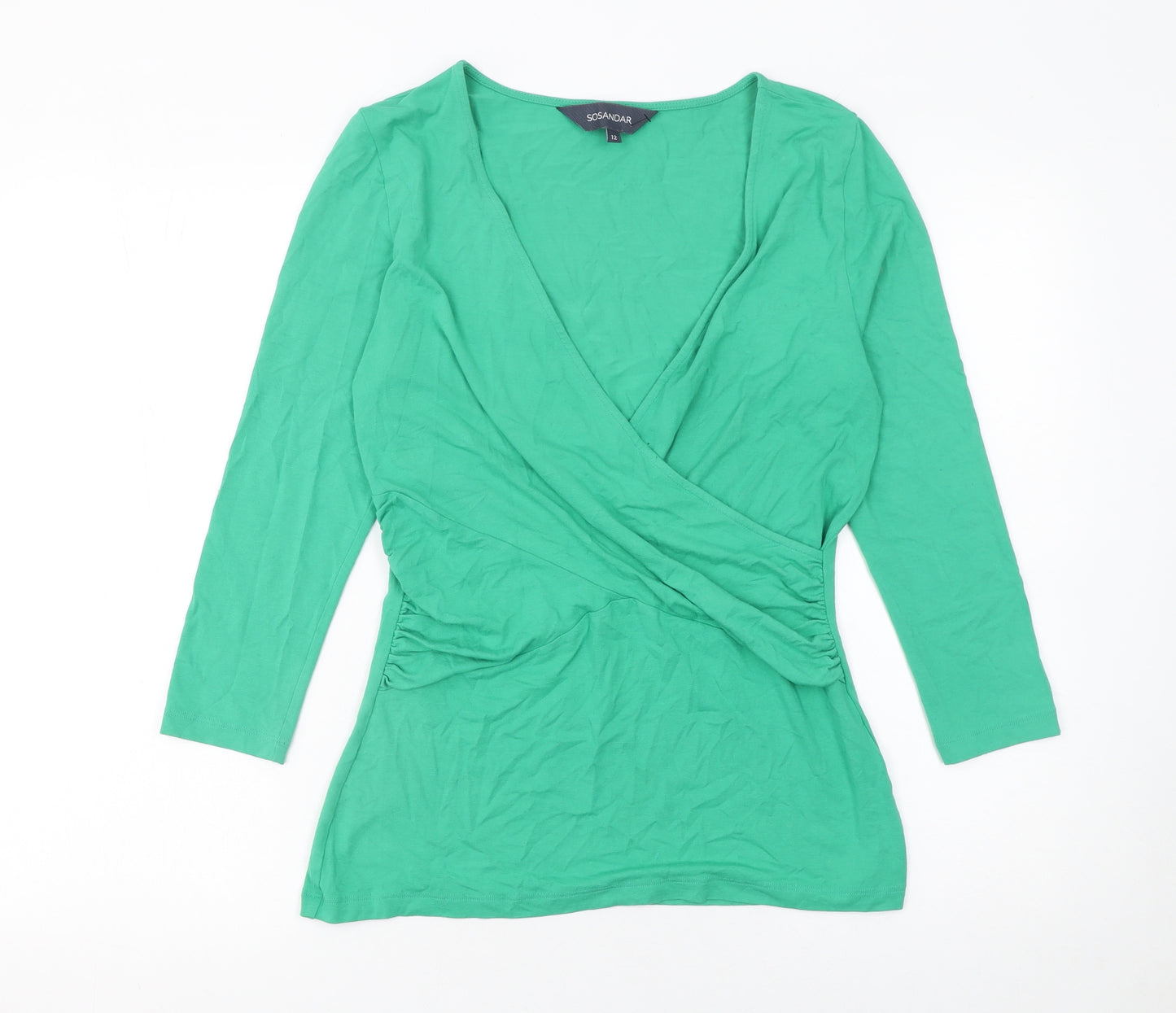 Sosandar Women’s Green Wrap Jersey 3/4 Sleeve Blouse UK 12