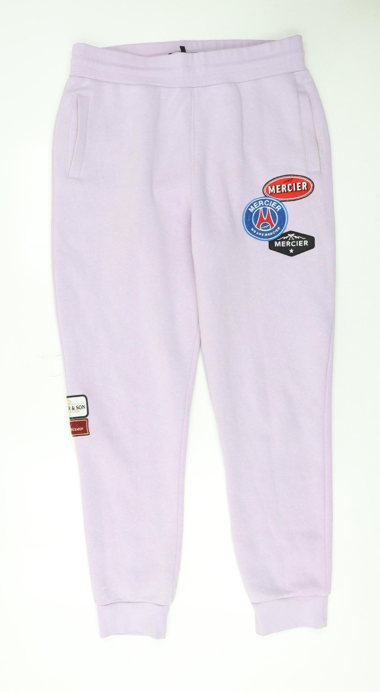 Mercier Men's Purple Jogger Trousers L Logo Patch Cotton Blend