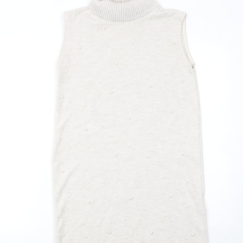 Zara Women Ivory Sleeveless Roll Neck Beaded Knit Blouse Size S