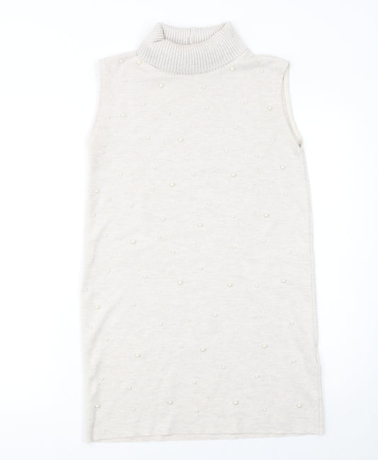 Zara Women Ivory Sleeveless Roll Neck Beaded Knit Blouse Size S