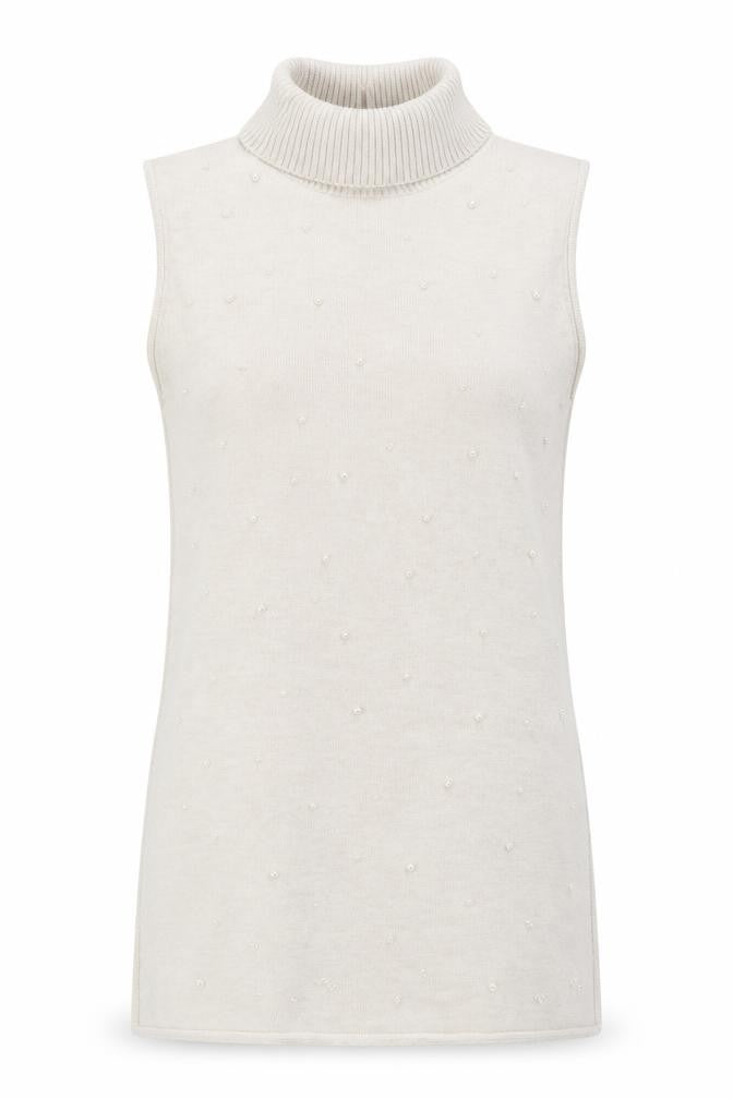 Zara Women Ivory Sleeveless Roll Neck Beaded Knit Blouse Size S