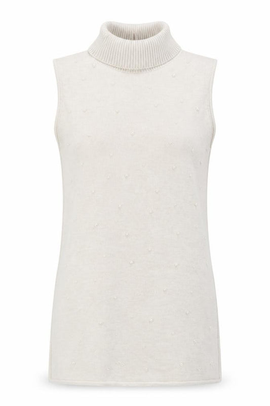 Front view of Zara Women Ivory Sleeveless Roll Neck Beaded Knit Blouse, size S