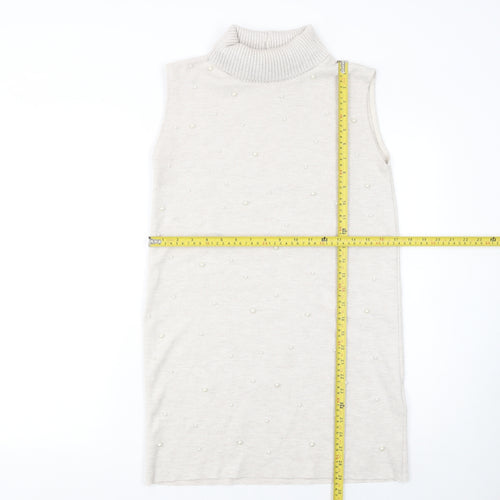 Zara Women Ivory Sleeveless Roll Neck Beaded Knit Blouse Size S