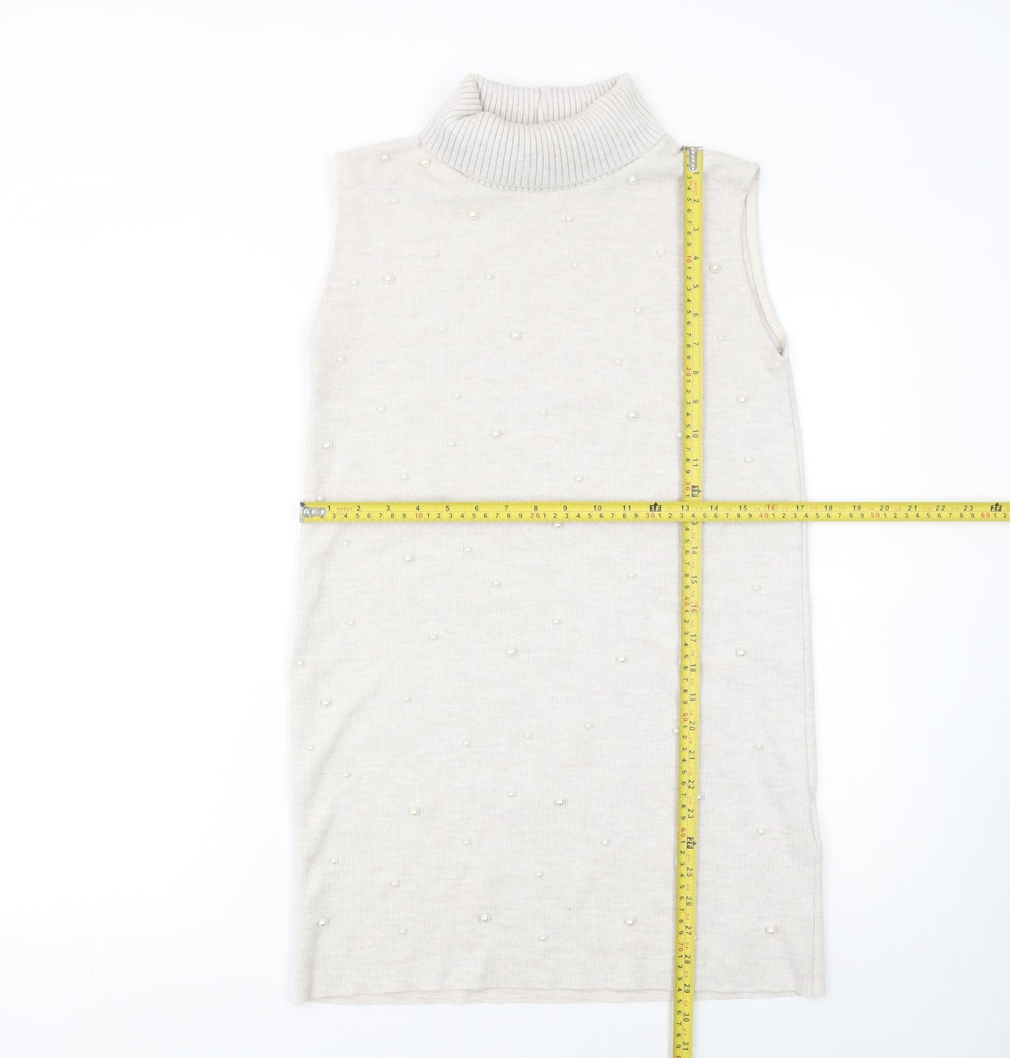 Zara Women Ivory Sleeveless Roll Neck Beaded Knit Blouse Size S
