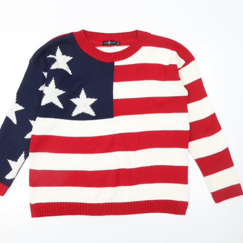 Pura Moda Women's Multicoloured M Crew Neck Knit Patriotic Jumper