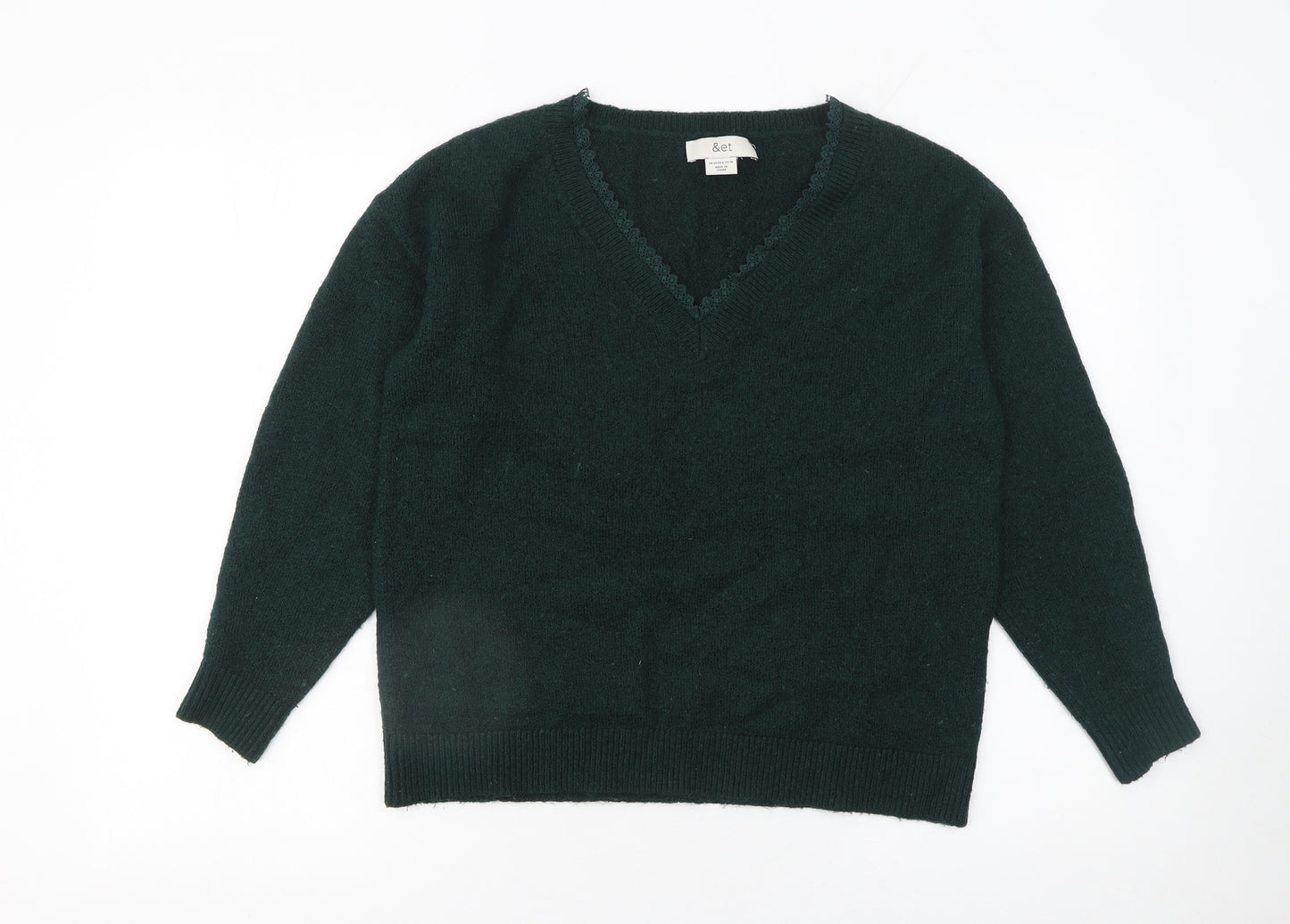 &et Women's Green V-Neck Pullover Jumper Size 10 Classic Knit