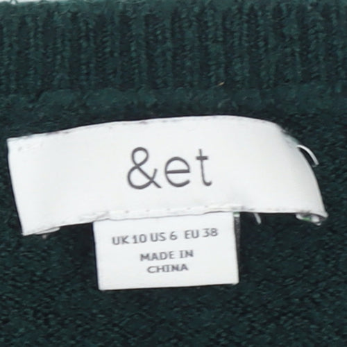 &et Women's Green V-Neck Pullover Jumper Size 10 Classic Knit